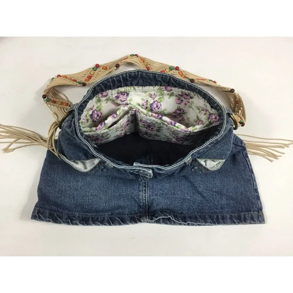 Pocketbook Macrame Handmade‎ Skirt Handbag Boho Denim Tote Rinestones Pockets
